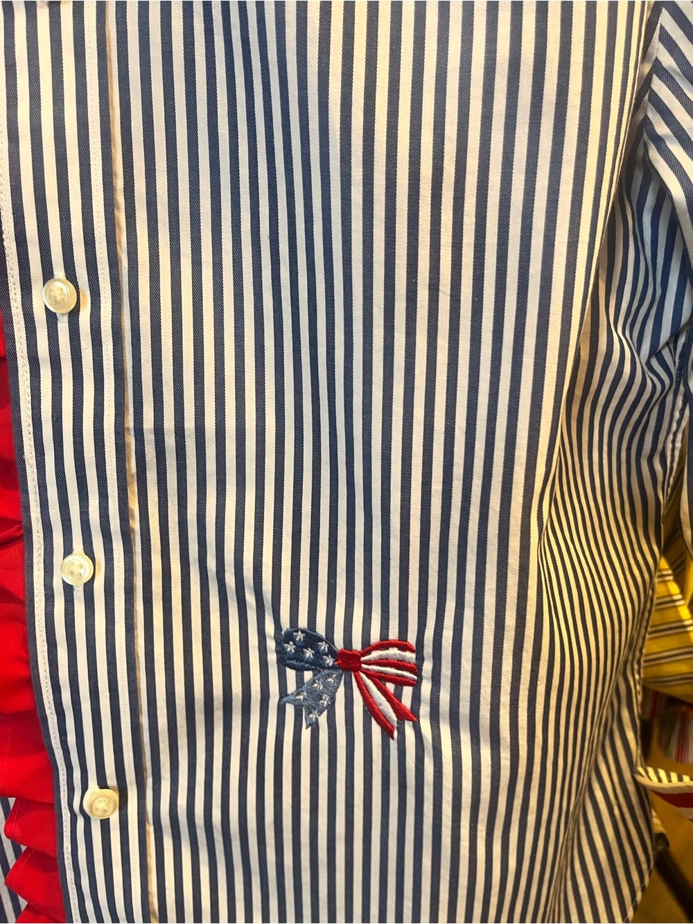 Tommy Hilfiger Navy and White Striped Shirt with Red Ruffle and flag embroidery - Picture 2 of 10